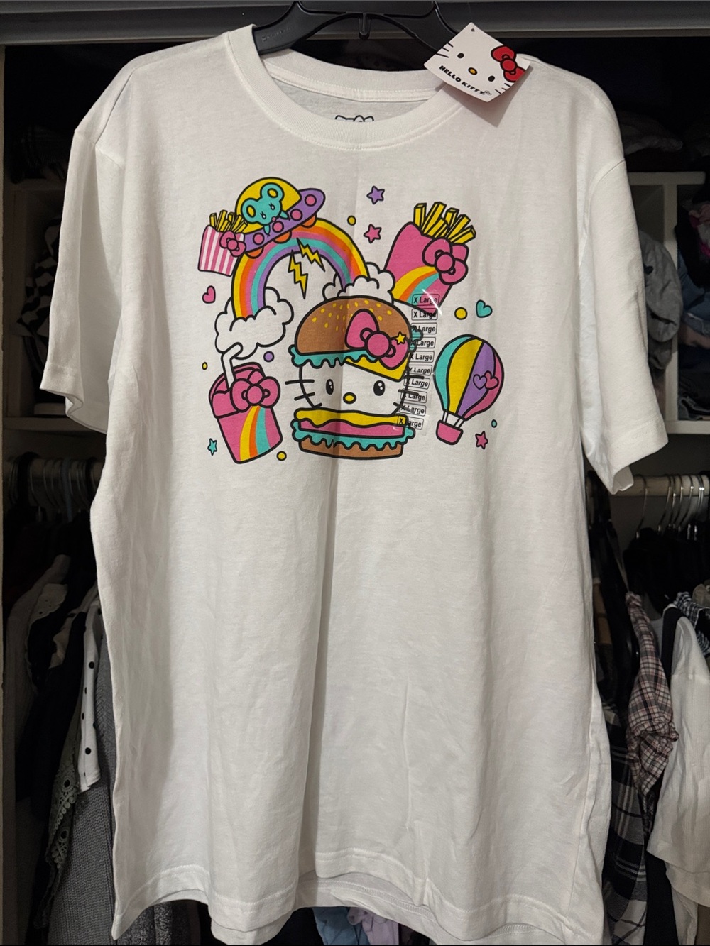 Hello Kitty White Tee with Rainbow Burger & Fries Graphic